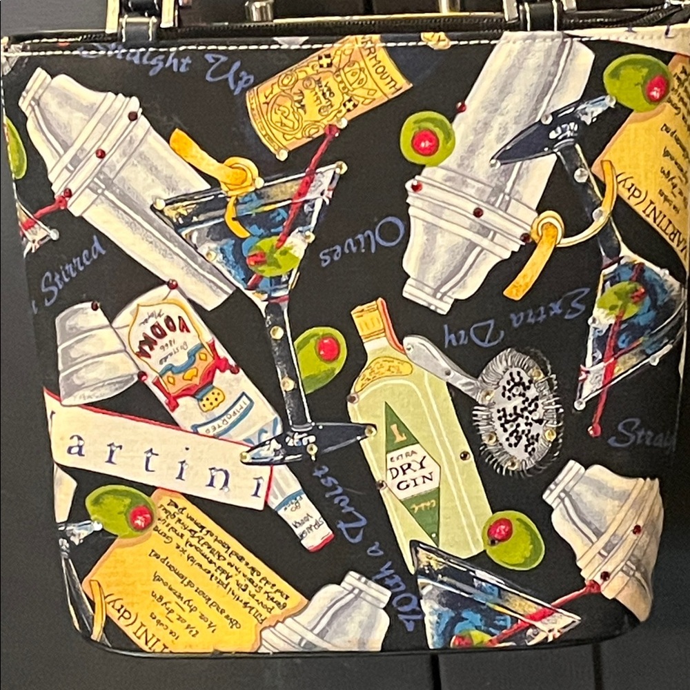 Cocktail Print Tote Bag in Black with Multicolor Barware Motif. Some yellowing